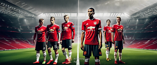 Manchester United and Bayern Munich logos with players contemplating a transfer.