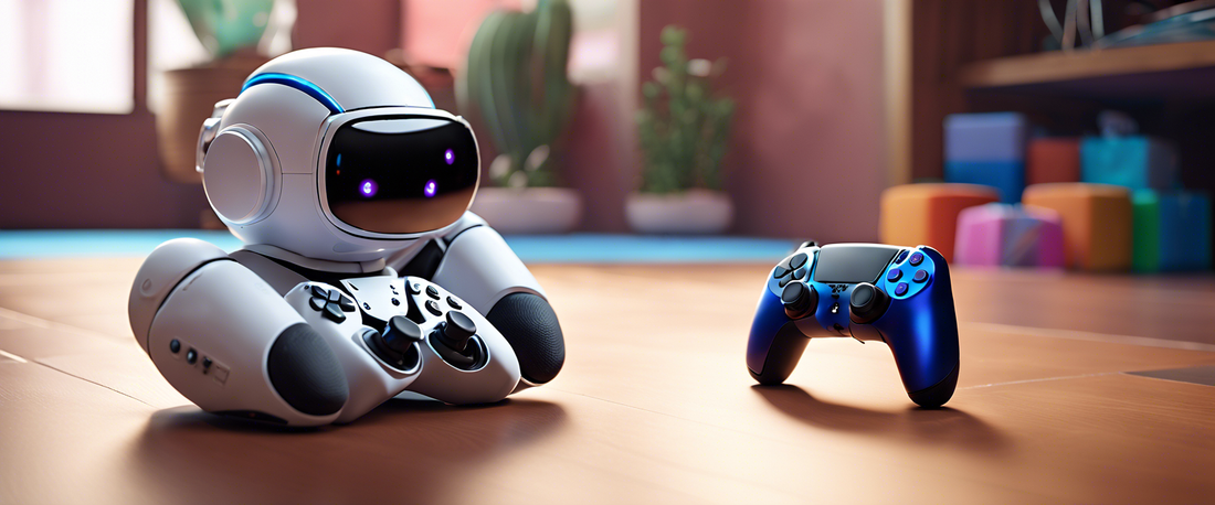 Limited edition Astro Bot DualSense controller showcasing blue accents and eyes.