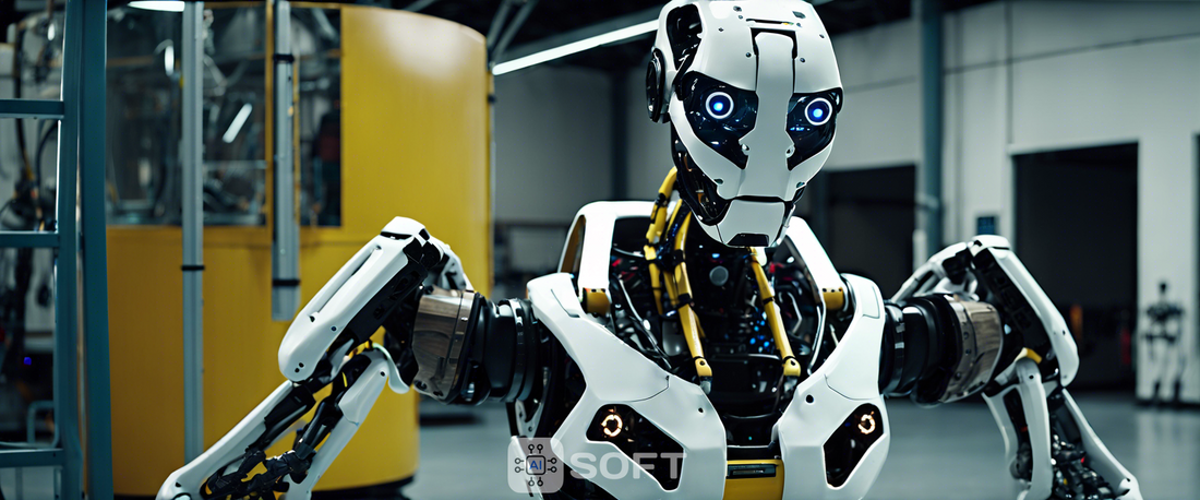 Boston Dynamics Atlas humanoid robot performing tasks in a simulated factory environment.