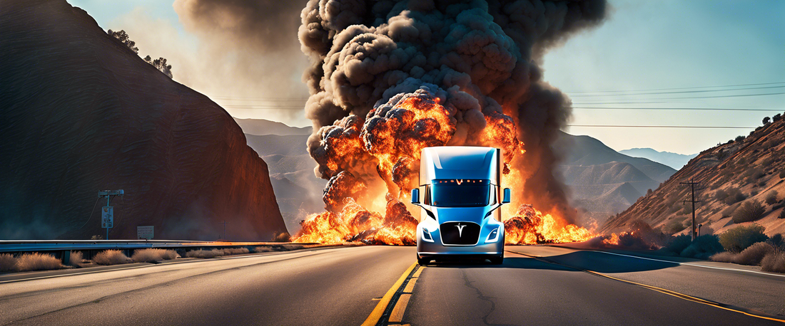 A Tesla Semi truck engulfed in flames after crashing on a California highway.