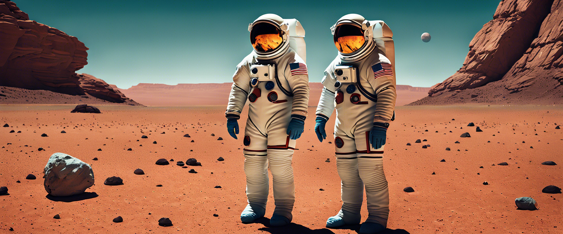 A depiction of astronauts exploring the surface of Mars with radiation risks highlighted.