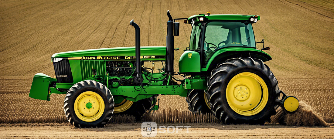 A display of John Deere's big tractors and dump trucks showcasing advanced technology.