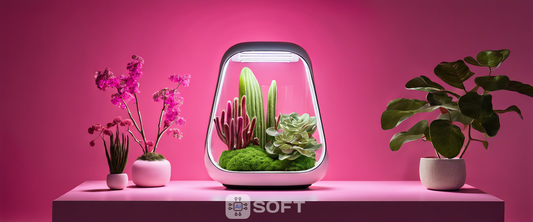 LG's new lamp features an indoor garden with adjustable lights for plant growth.