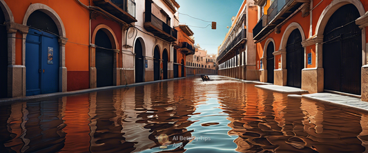 Valencia football team logo with a background indicating flooding.